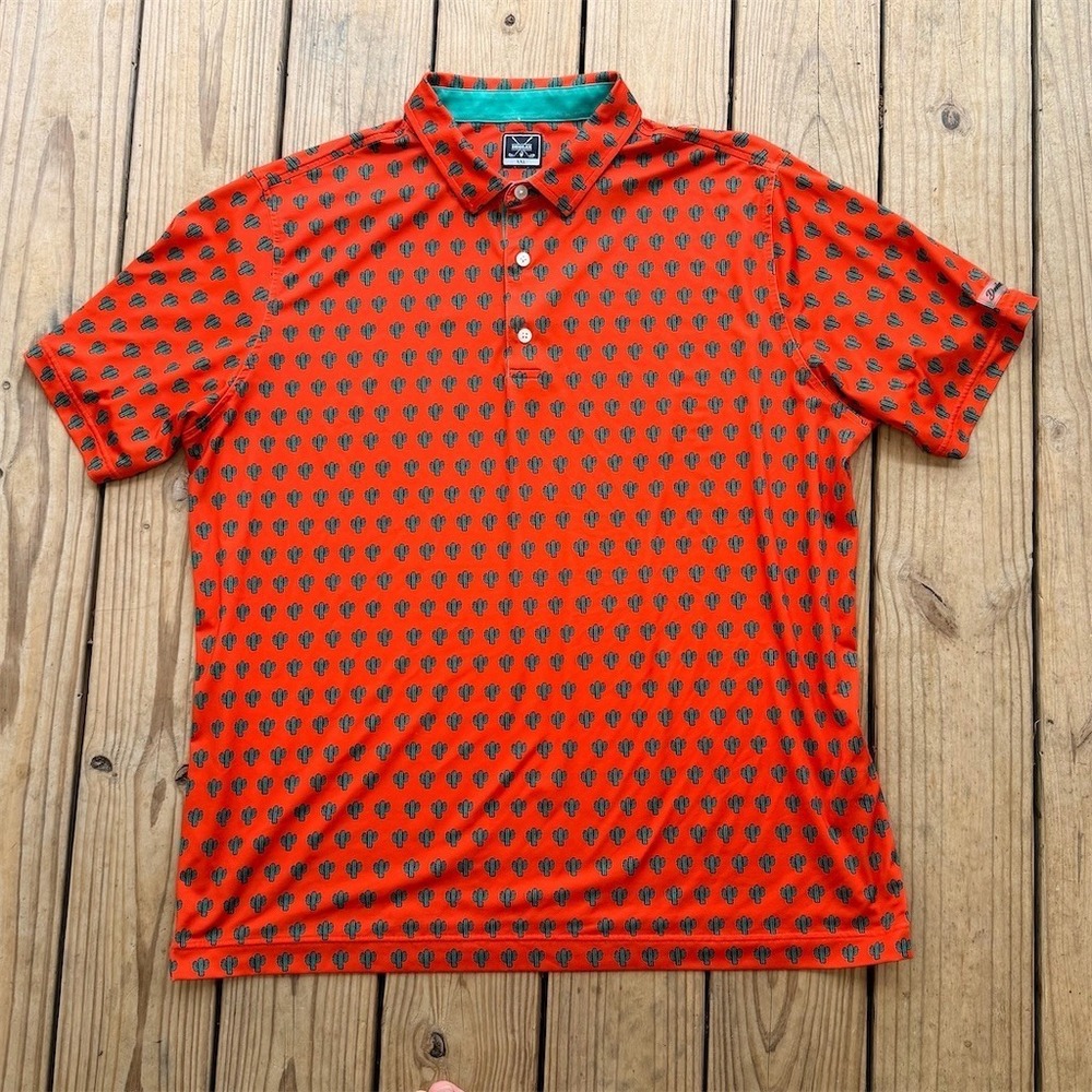 Deolax Polo Shirt Mens 2XL Orange Cactus Print Golf Performance Short
